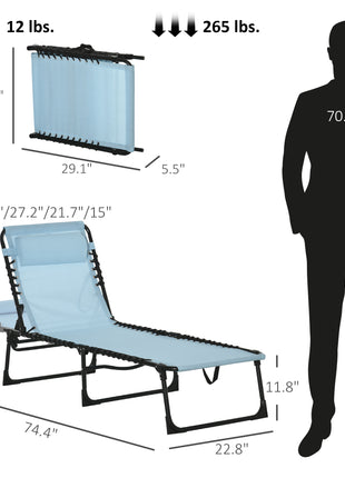 Folding Chaise Lounge Pool Chair with 4-Position Reclining Back, Pillow, Breathable Mesh & Bungee Seat, Baby Blue