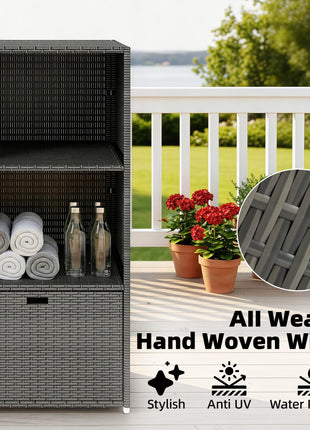 Valet Pool Towel Rack, Water-Resistant PE Plastic Rattan Wicker Storage Organizer, 2 Shelves, 1 Basket Drawer, Dark Gray