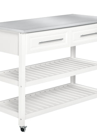 Kitchen Island with Stainless Steel Top, Traditional Kitchen Island with Storage, Butcher Block Cart 2-Tier Open Shelves, Drawers, White