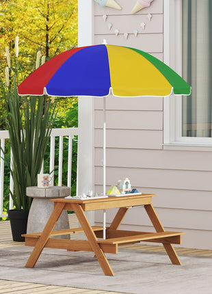 Wooden Outdoor Kids Picnic Table with Removable Umbrella, Children Sand and Water Activity Table for Patio, Mixed Color