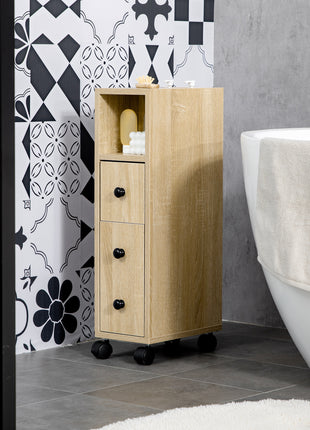 Freestanding Compact Design Bathroom Cabinet with 2 Open Cabinets, 1 Door Cabinet, 1 Drawer and 4 Rolling Wheels, Oak Grain Color