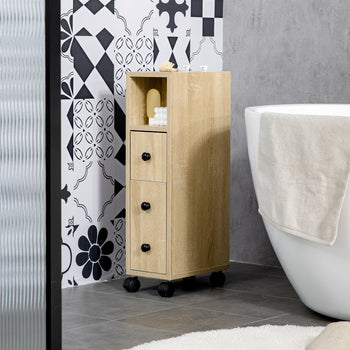 Freestanding Compact Design Bathroom Cabinet with 2 Open Cabinets, 1 Door Cabinet, 1 Drawer and 4 Rolling Wheels, Oak Grain Color
