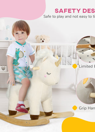 Kids Rocking Horse, Ride on Unicorn with Realistic Sounds & Wooden Base for Years 2-4, White