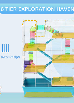 6 Tier Hamster Cage with Tubes and Tunnels, Hut, Wheel, Food Dish, Water Bottle, Ramps, for Dwarf & Gerbil, Light Blue