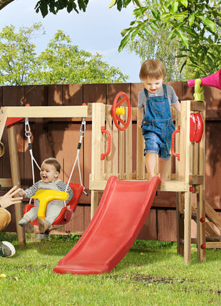 4-in-1 Wooden Swing Set with Swing, Slide, Horn, Steering Wheel, Red