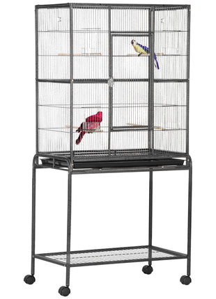 30" Rolling Metal Bird Cage Feeder with Detachable Rolling Stand, Storage Shelf, Wood Perch & Food Container