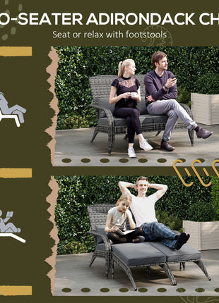 Wicker Adirondack Chair for 2 with Cushions & Footrests, PE Rattan Double Chaise Lounge Chair, Fire Pit Chair for Porch with High-back, Wide Armrests, Mixed Gray