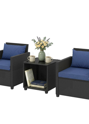 3 Piece Patio Bistro Set, Wicker Furniture Set with Thick Cushions, Glass Coffee Table and Chairs for Garden, Dark Blue