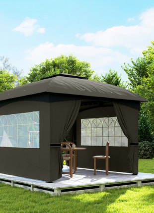 11' x 11' Outdoor Gazebo, Double Roof Patio Gazebo with Curtains, Church Windows, Galvanized Steel Frame, Dark Gray