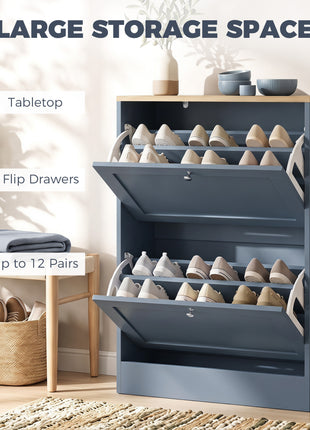 Slim Shoe Storage Cabinet, Modern Shoe Cabinet with 2 Flip Drawers and Adjustable Shelves for 8-12 Pairs, Blue