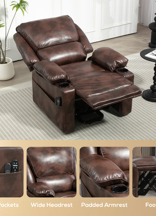 Power Lift Chair for Elderly, Faux Leather Recliner Sofa with Vibration Massage and Heat, Remote, Side Pockets, Brown