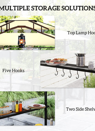 8' x 7.6' Outdoor Grill Gazebo, Barbecue Gazebo Shelter with Side Awning, 2 Side Shelves and 6 Hooks, Beige
