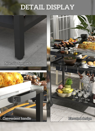 2-Tier Shelf Outdoor Bar Cart, Stainless Steel Tabletop Patio Serving Cart with Accessories for Poolside, Garden, Black
