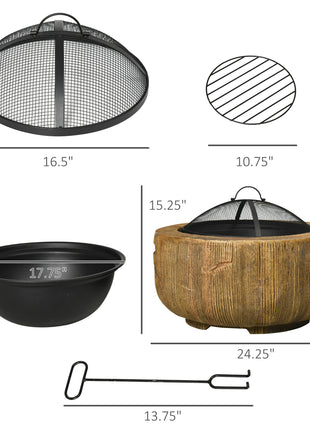 Outdoor Fire Pit, 24 Inch Metal Wood Burning Fireplace with Spark Cover, Poker, Woodgrain Design, Light Brown