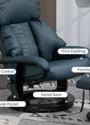 Swivel Recliner with Ottoman, Faux Leather Reclining Chair with Massage, Footstool Remote and Side Pocket, Blue