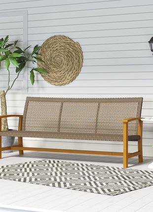 3-Seat Wicker Outdoor Couch Patio Sofa, Acacia Wood Patio Furniture with Steel Seat Armrests, 1000 LBS Capacity, Teak