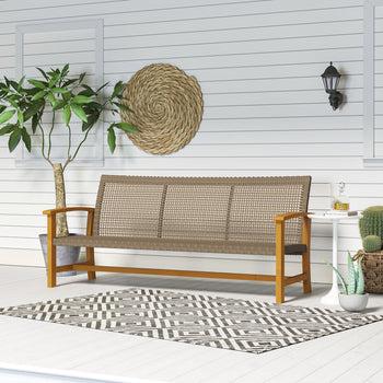 3-Seat Wicker Outdoor Couch Patio Sofa, Acacia Wood Patio Furniture with Steel Seat Armrests, 1000 LBS Capacity, Teak