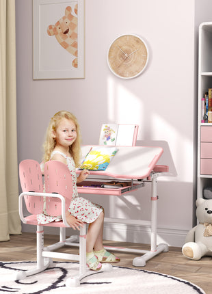 Adjustable Kids Desk and Chair Set with Tilt Desktop & Storage, Pink
