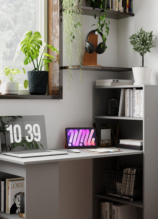 Compact Computer Desk with 6-Tier Storage Shelves, Writing Table Workstation with Bookshelf for Home Office, Gray