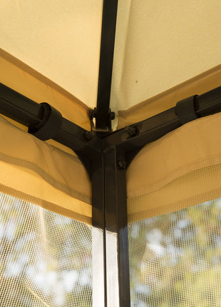  10' x 10' Metal Patio Gazebo, Double Roof Outdoor Gazebo Canopy Shelter with Tree Motifs Corner Frame and Netting, for Garden, Lawn, Backyard, and Deck, Beige