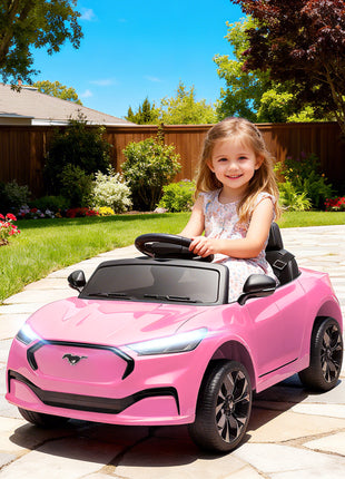 12V Kids Ride On Car, Licensed Ford Mustang Mach-E Electric Car with Remote Control, LED Light, Music, Pink