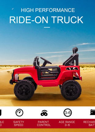 12V Kids Ride On Truck with Parent Remote Control, Battery Powered Electric Car with Spring Suspension, Adjustable Speed, LED Lights and Horn, Red