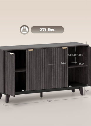 Fluted Sideboard Buffet Cabinet, 55" Coffee Bar Cabinet with 4 Doors, 2 Adjustable Shelves, 5 Wood Legs, Dark Gray