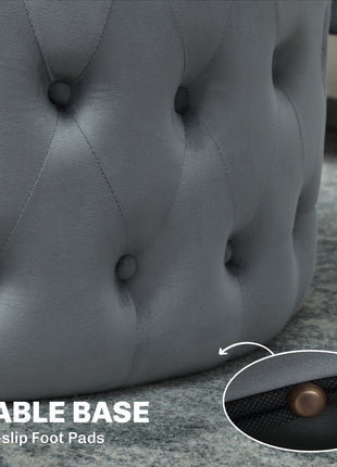 Round Ottoman Coffee Table with Velvet-feel Upholstery, Button Tufted Design and Padded Seat, Dark Gray