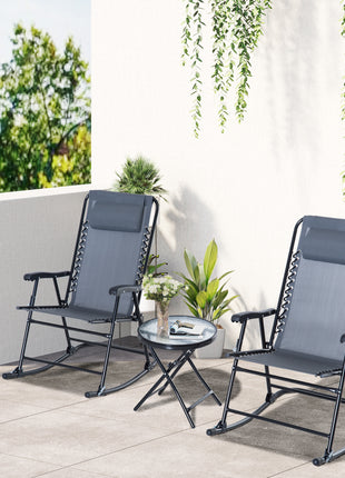 Outdoor Folding Rocking Chair Patio Table Seating Set, 2 Rocking Chairs with Armrests and 1 Side Table with Tempered Glass - Gray