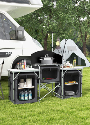Aluminum Camping Kitchen, Portable Folding Camping Table with Fabric Cupboards, Windshield, Bag for BBQ, Picnic, Black