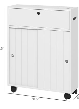 Toilet Paper Cabinet, Slim Bathroom Cabinet with 4 Rolling Wheels, Small Bathroom Storage Cabinet with Paper Holes, Sliding Doors and Adjustable Shelf for Small Space, White