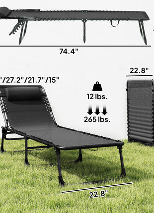 Folding Chaise Lounge Pool Chair with 4-Position Reclining Back, Pillow, Breathable Mesh & Bungee Seat, Black