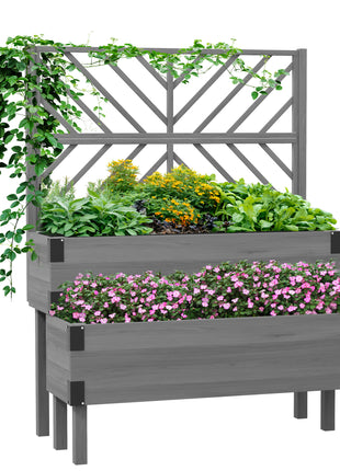 2 Tier Trellis Planter, Wooden Raised Garden Bed, Gray
