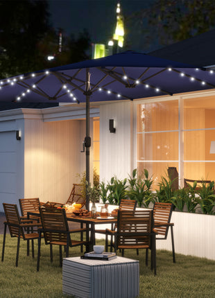 Garden Parasol, Double-Sided Sun Umbrella with LED Solar Lights, Patio Parasol for Outdoor, Navy Blue