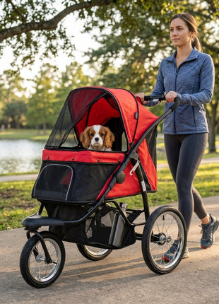 3 Wheels Pet Stroller for Small Dogs and Medium Dogs with Adjustable Canopy, Safety Tether, Storage Basket, Red