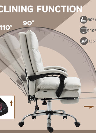 Microfibre Executive Massage Office Chair, Computer Desk Chair, Reclining Chair with Footrest, Double-tier Padding, Swivel Wheels, Cream White