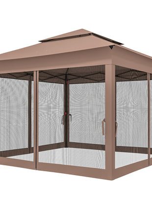 Outdoor Patio Pop Up Canopy Gazebo Shelter with Zipper Netting, Carry Bag, 11' x 11', Brown