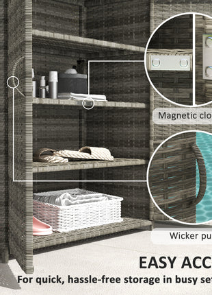Rattan Wicker Outdoor Storage Cabinet with 4 Shelves and 2 Doors for Garden Pool Towel Storage, Mixed Gray