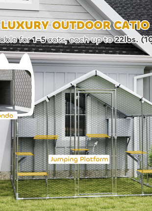 95" Extra Large Metal Outdoor Catio with Waterproof Cover, 2 Resting Boxes, 7 Jumping Platforms, for Multiple Cats
