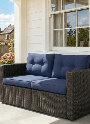2 Piece Patio Wicker Corner Sofa Set, Outdoor PE Rattan Furniture, with Curved Armrests and Padded Cushions for Balcony, Garden, or Lawn, Dark Blue