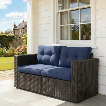 2 Piece Patio Wicker Corner Sofa Set, Outdoor PE Rattan Furniture, with Curved Armrests and Padded Cushions for Balcony, Garden, or Lawn, Dark Blue
