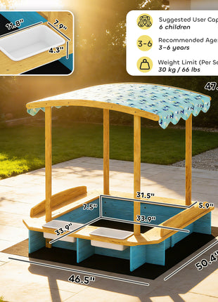 Wooden Sandbox with Dinosaur Print Canopy Kids Sandbox Outdoor with Bench Seats & 2 Storage Bins