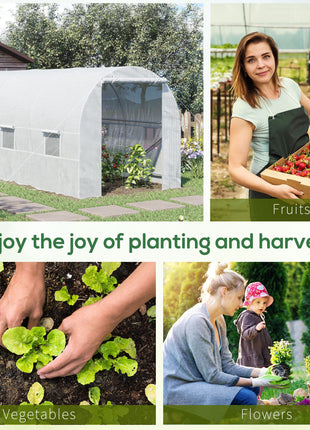 15' x 7' x 7' Walk-In Tunnel Greenhouse, Large Garden Hot House Kit with 6 Roll-up Windows & Roll Up Door, Steel Frame, White