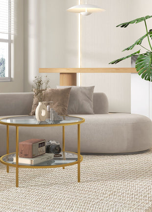 Side Table with Storage, 26" Round End Table, 2-Tier Tempered Glass Coffee Table with Steel Frame for Living Room, Gold