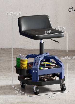 Rolling Creeper Garage Stool, 300 LBS Capacity Mechanic Stool with 360° Wheels, Tool Tray, Adjustable Height, Blue
