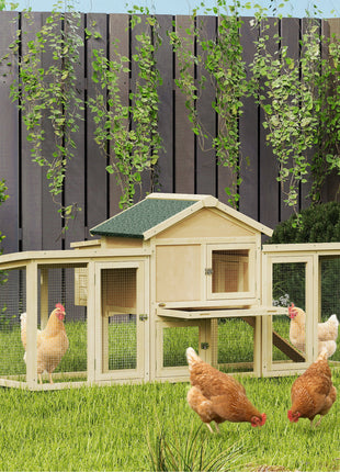 Wooden Chicken Coop ith Nesting Box, Double Runs, Removable Tray, Ramp, for Garden Backyard