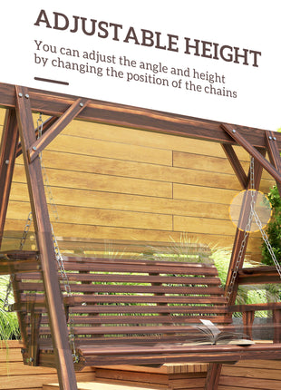 3 Seat Wooden Porch Swing with Stand, Patio Swing with Side Tables, for Garden, Poolside, Backyard, Carbonized Brown