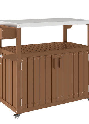 Outdoor Bar Cart with Storage, Stainless Steel Outdoor Bar Table Top, Wheeled HDPE Kitchen Island for Food Prep, Brown