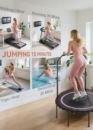 45" Rebounder Trampoline for Adults, Foldable Mini Trampoline with Adjustable Handle Bar for Indoor Outdoor, Pink