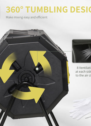 Tumbling Compost Bin Outdoor 360° Dual Chamber Rotating Composter 43 Gallon, Yellow